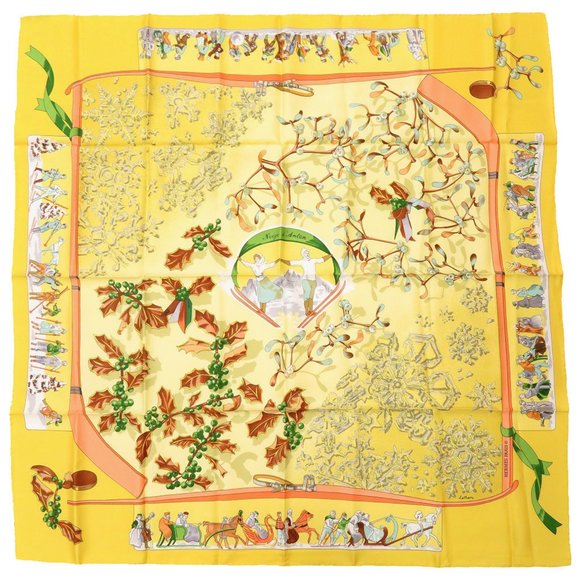 Hermes Carre 90 Neige d'Antan Last Year's Snow Silk Yellow Scarf Muffler 1624HER